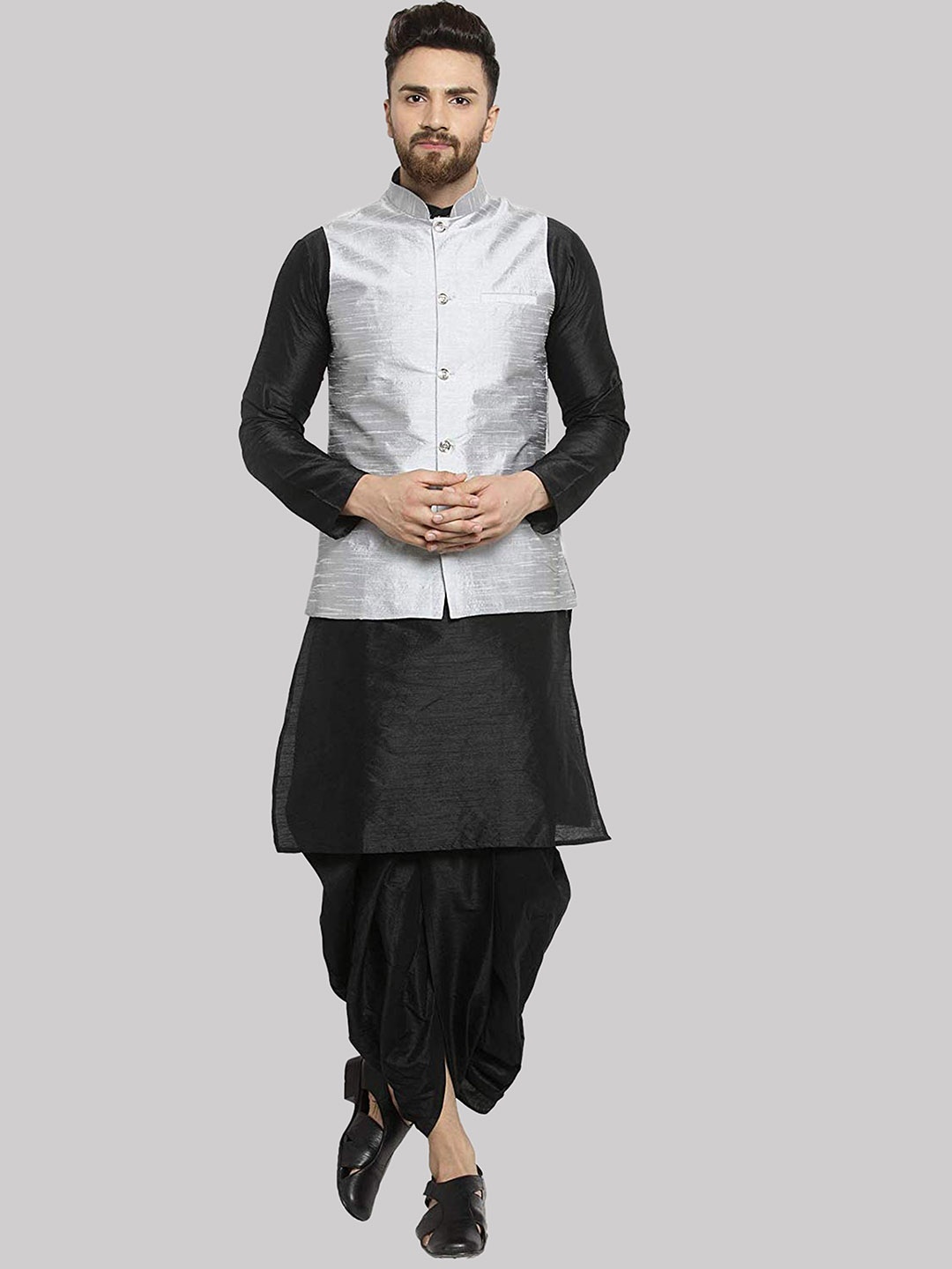 

ROYAL KURTA Mandarin Collar Kurta With Dhoti Pants & Nehru Jacket, Black