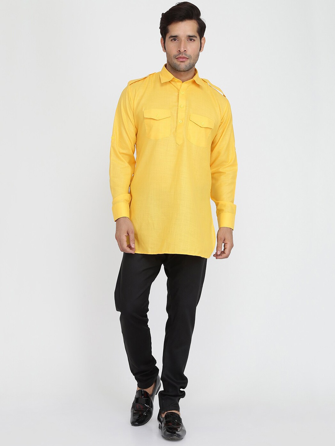 

ROYAL KURTA Shirt Collar Long Sleeves Cotton Pathani Kurta, Yellow