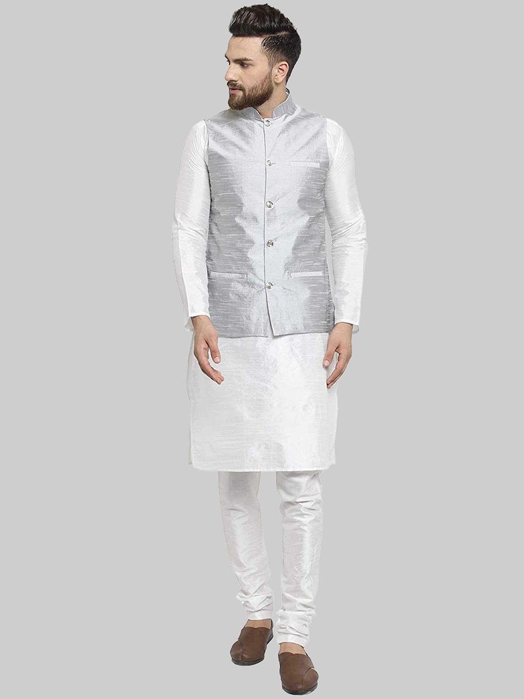 

ROYAL KURTA Mandarin Collar Kurta With Churidar & Nehru Jacket, White