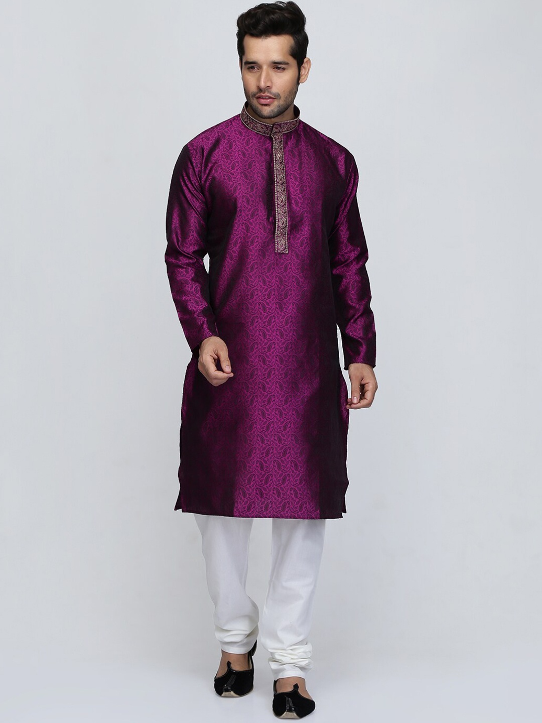 

ROYAL KURTA Paisley Woven Design Thread Work Jacquard Silk Kurta With Pyjamas, Purple