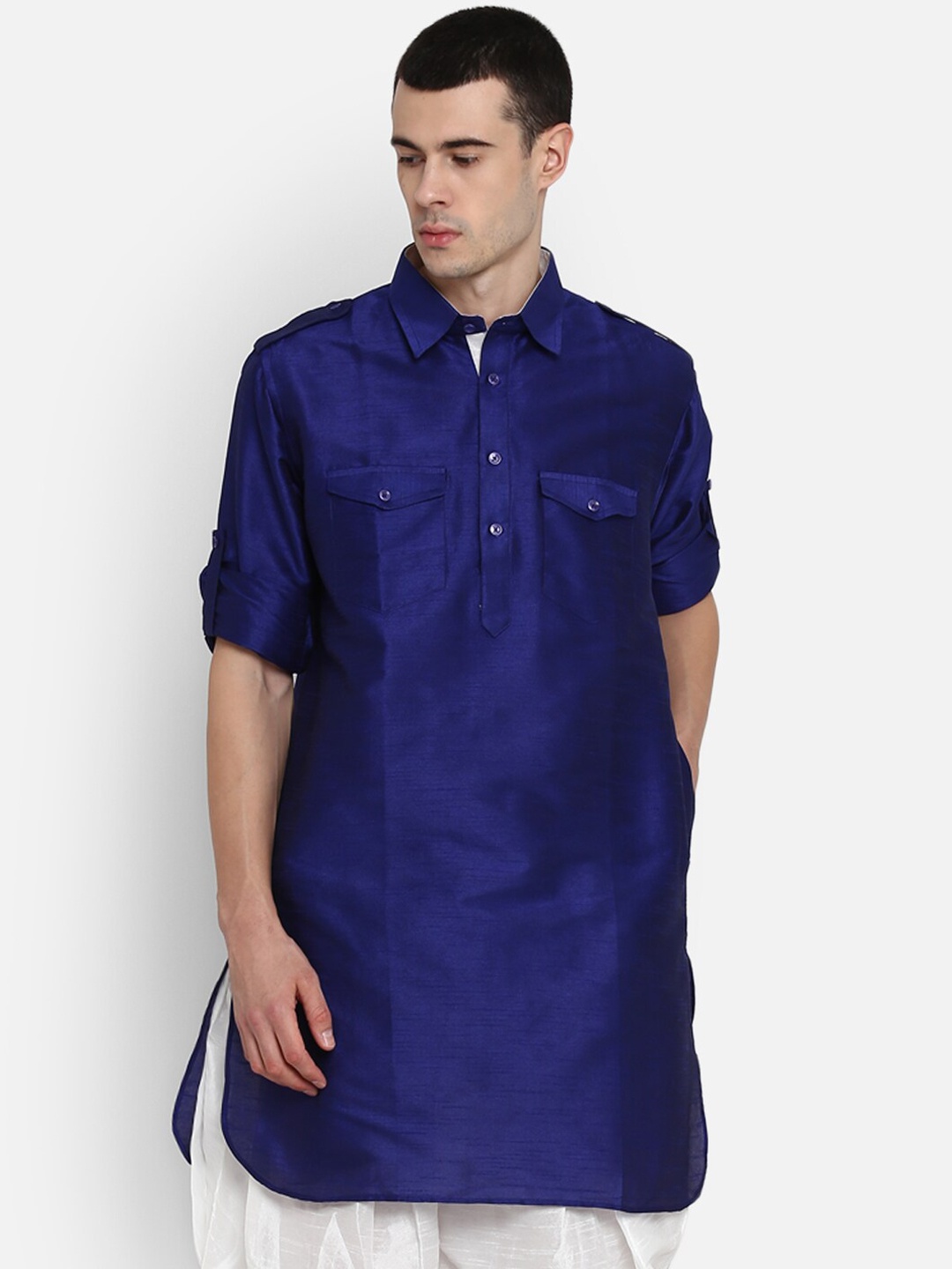 

ROYAL KURTA Shirt Collar Pathani Dupion Silk Kurta With Dhoti Pants, Blue