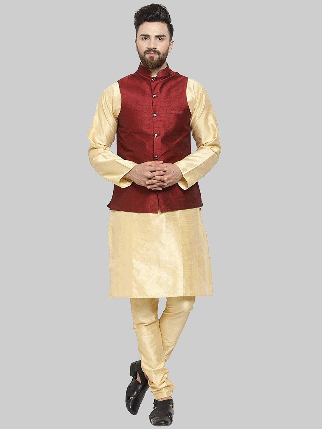 

ROYAL KURTA Mandarin Collar Pure Silk Straight Kurta with Churidar And Nehru Jacket, Gold