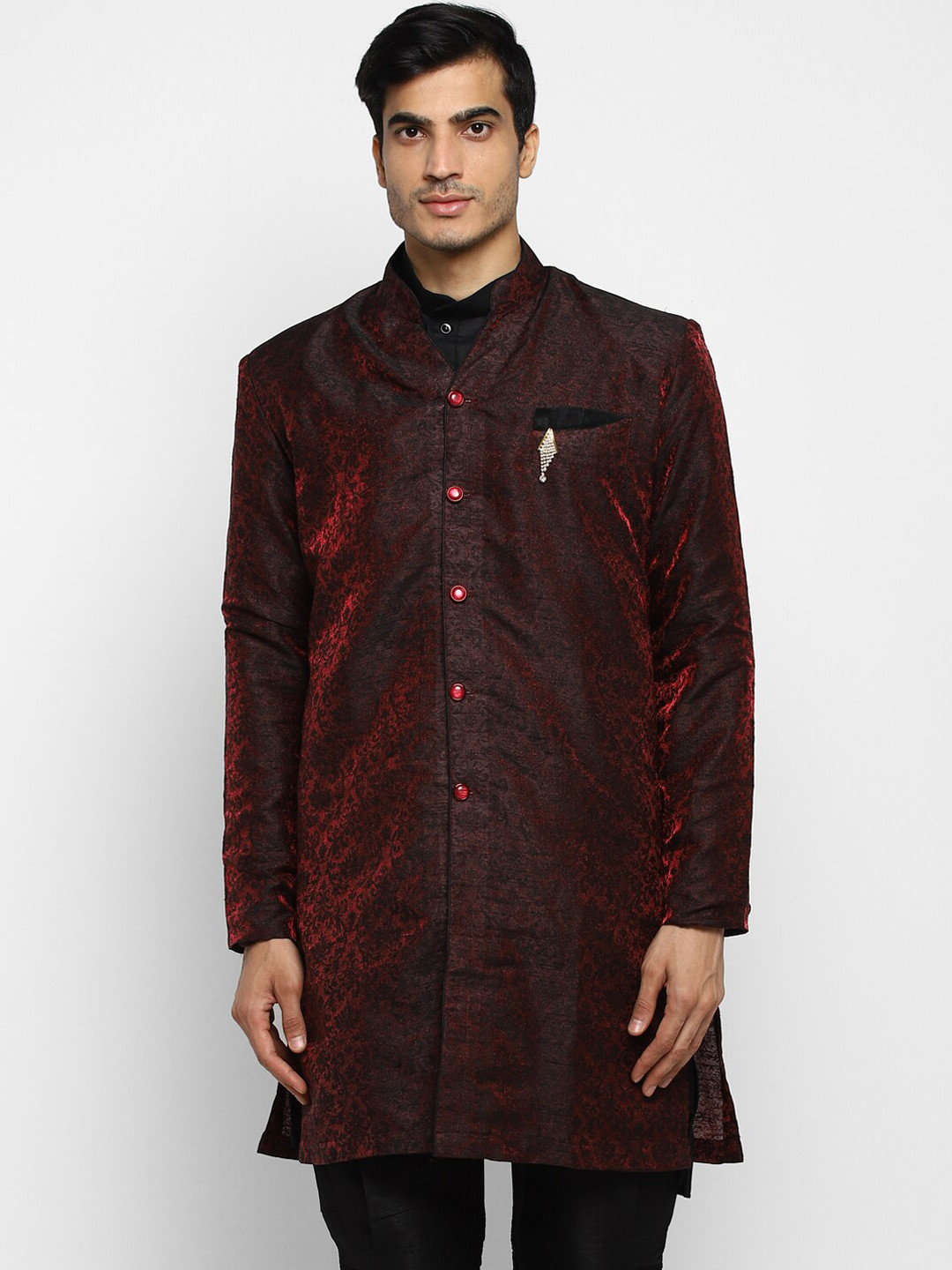 

ROYAL KURTA Floral Woven Design Mandarin Collar Long Sleeves Kurta, Maroon