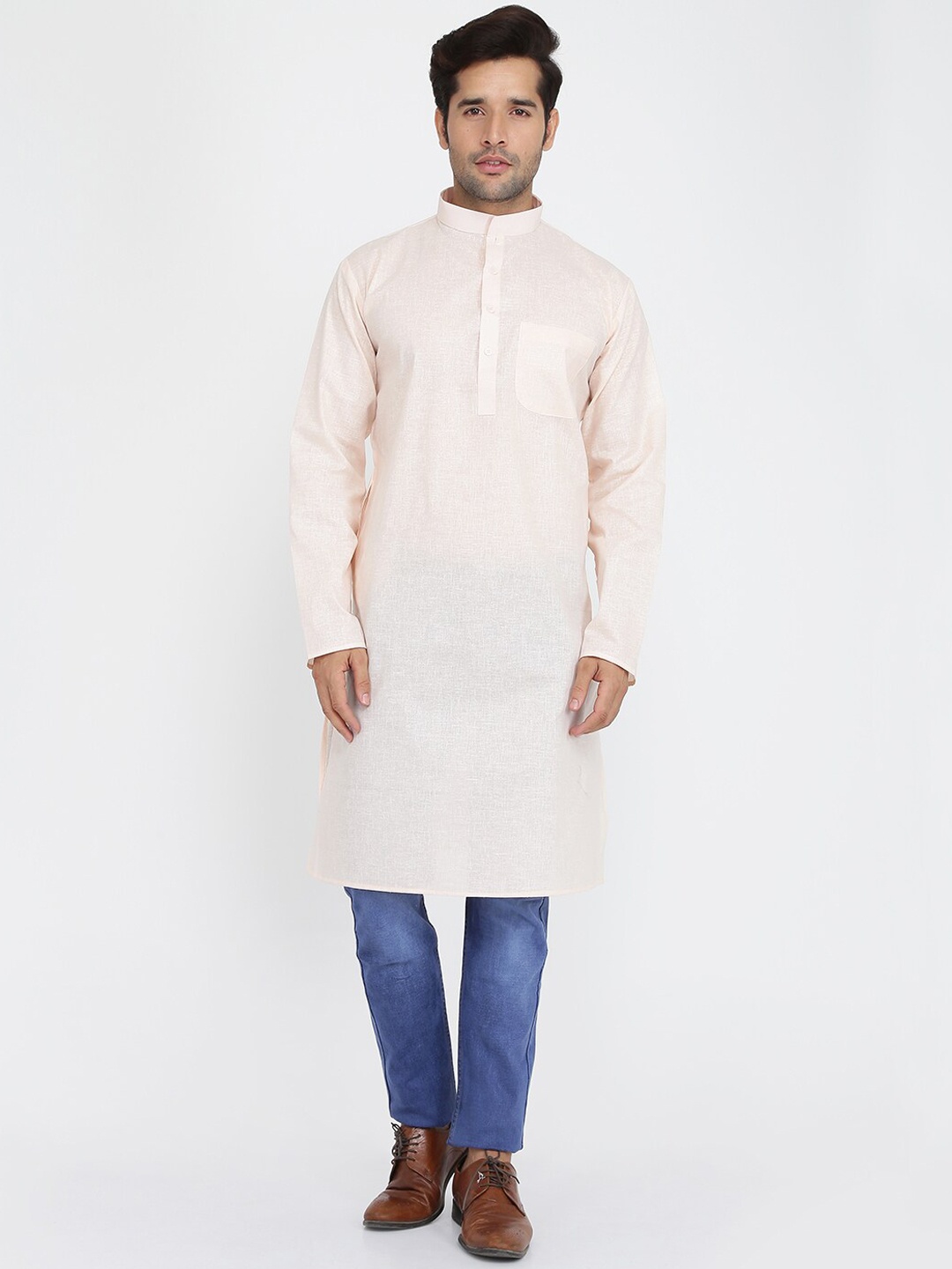 

ROYAL KURTA Mandarin Collar Long Sleeves Cotton Kurta, Peach