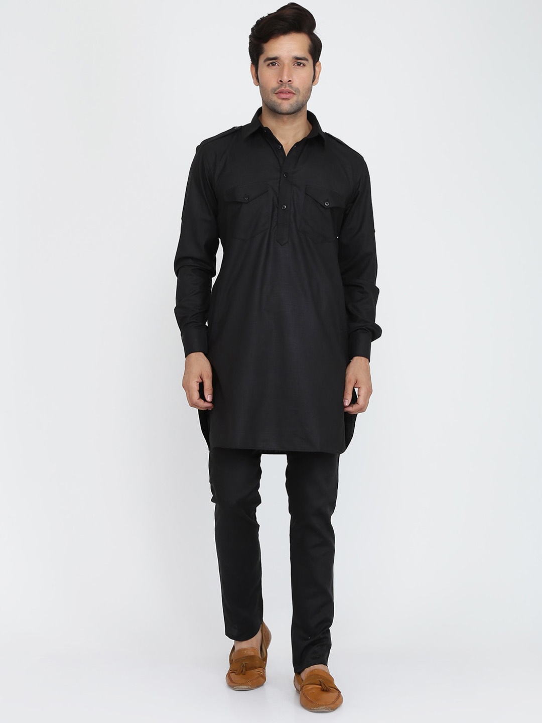 

ROYAL KURTA Shirt Collar Pathani Cotton Kurta, Black