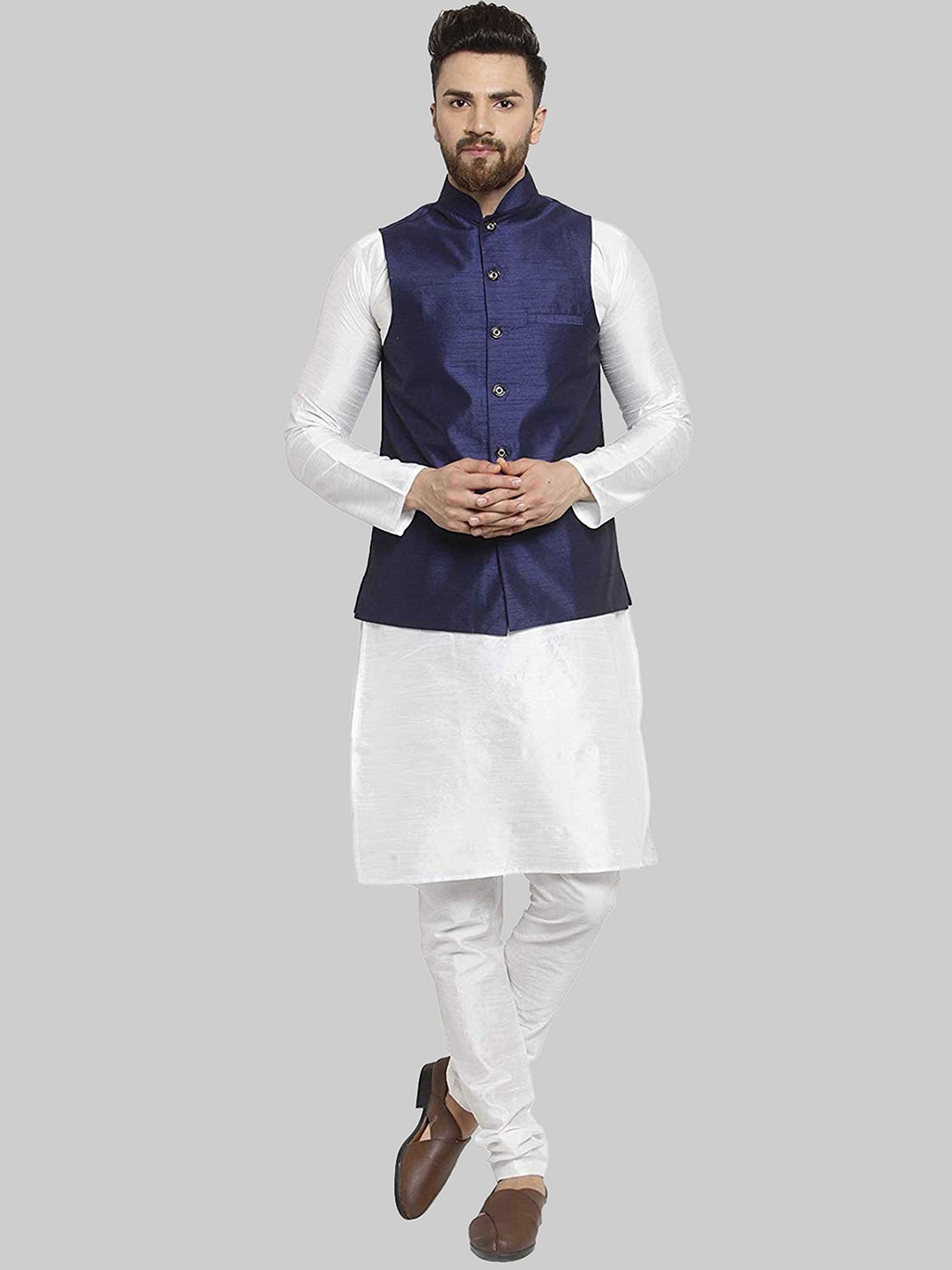 

ROYAL KURTA Mandarin Collar Pure Silk Straight Kurta with Churidar And Nehru Jacket, White