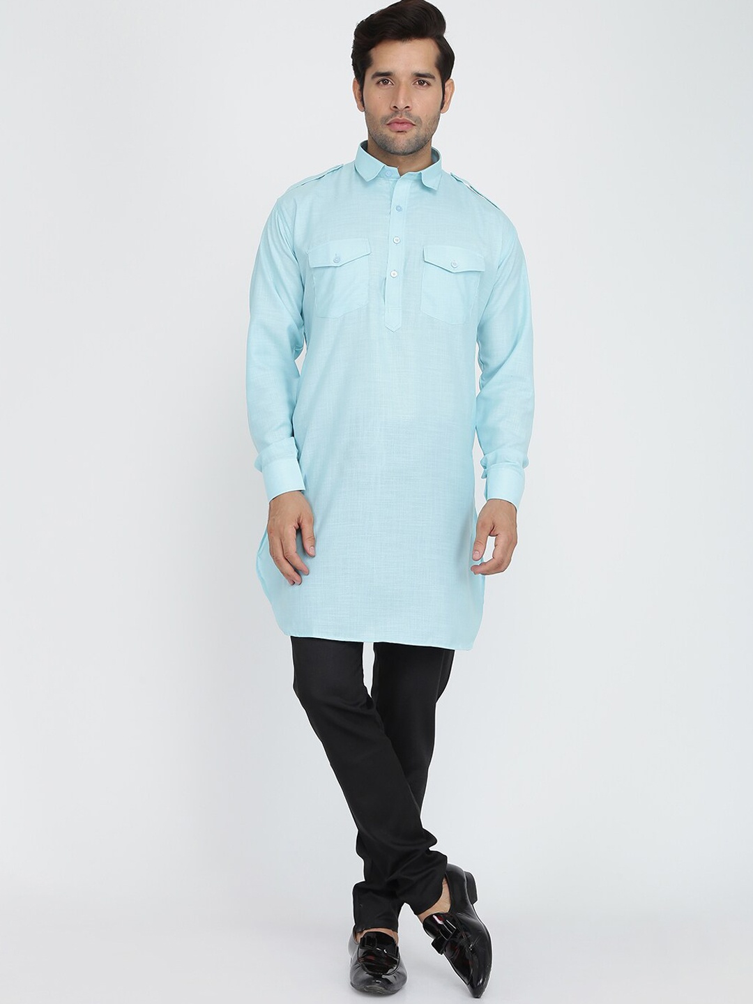 

ROYAL KURTA Shirt Collar Pathani Cotton Kurta, Blue