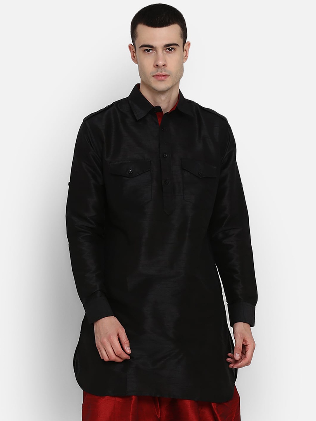 

ROYAL KURTA Shirt Collar Dupion Silk Pathani Kurta With Dhoti Pants, Black