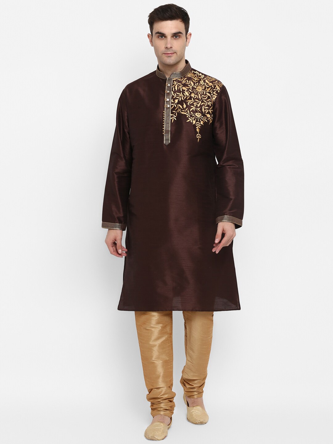 

ROYAL KURTA Floral Embroidered Thread Work Dupion Silk Kurta With Churidar, Brown