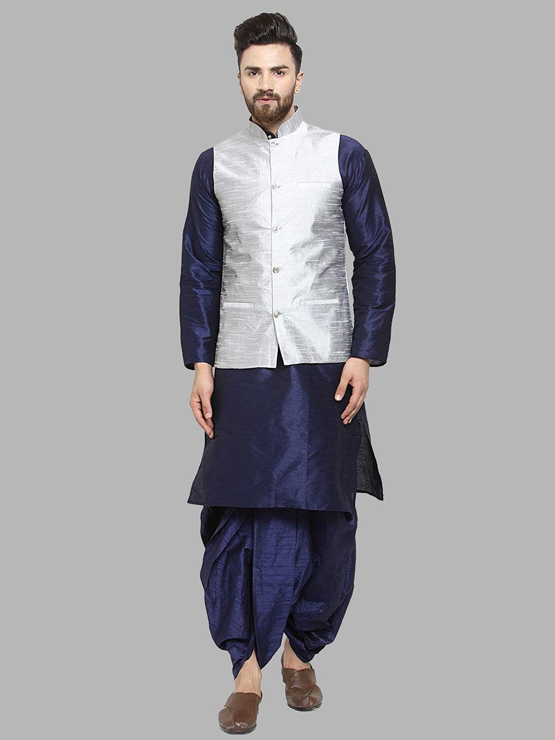 

ROYAL KURTA Pure Silk Kurta With Dhoti Pants And Nehru Jacket, Navy blue