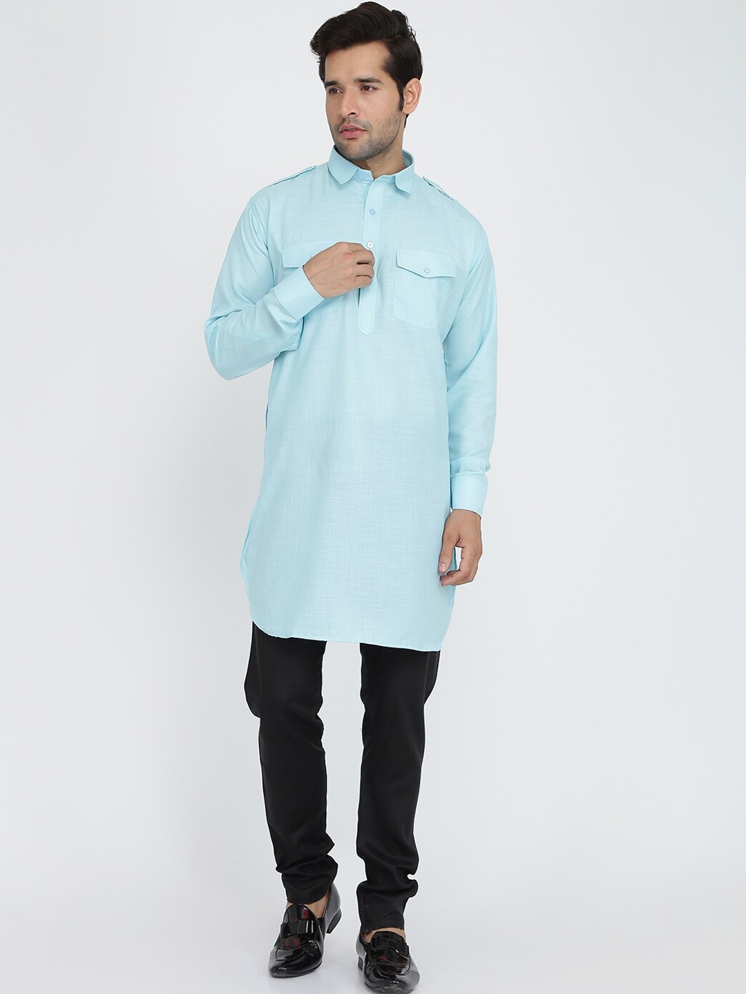 

ROYAL KURTA Shirt Collar Pathani Pure Cotton Kurta With Trousers, Blue