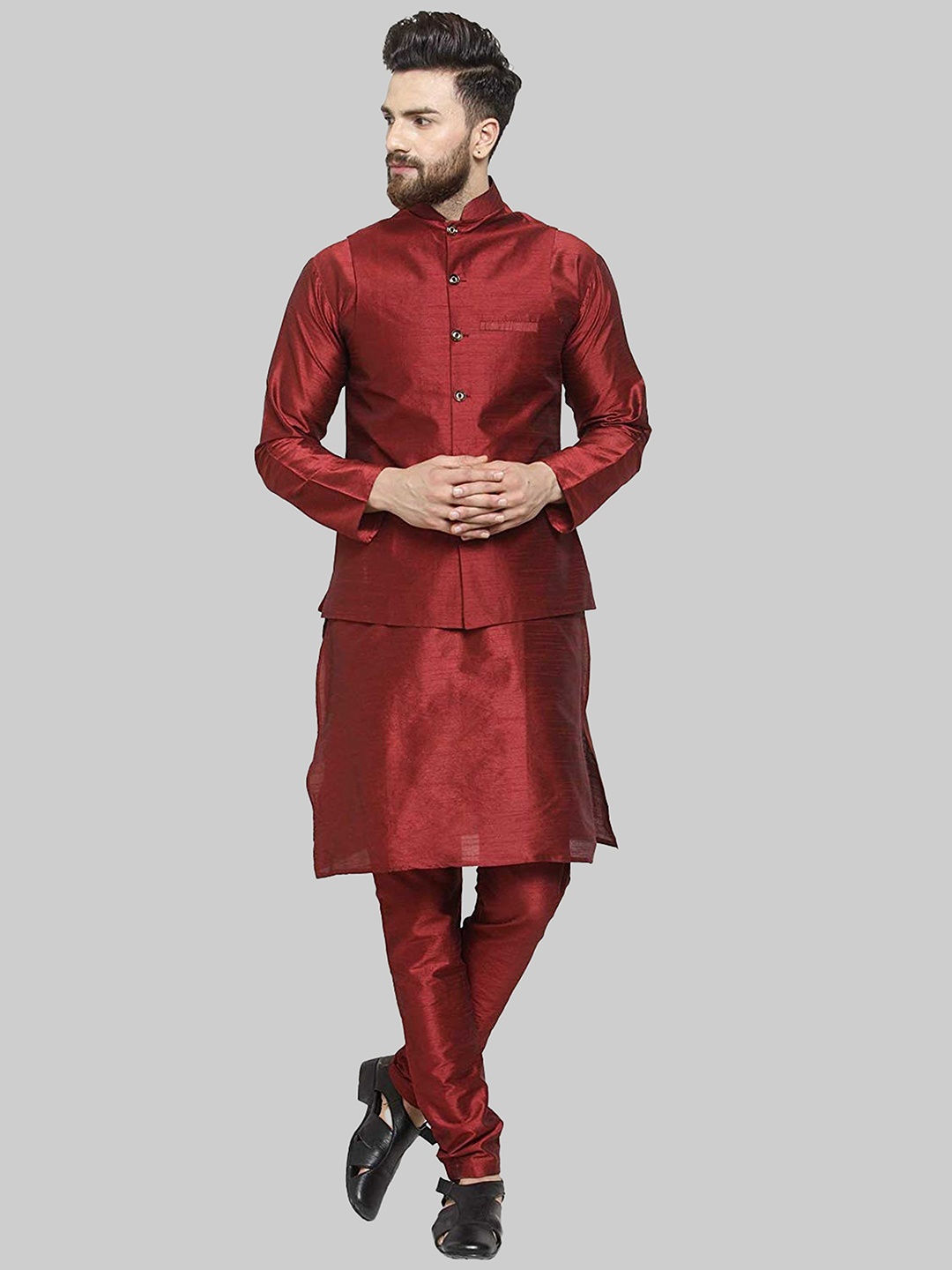 

ROYAL KURTA Mandarin Collar Pure Silk Kurta With Churidar And Nehru Jacket, Maroon