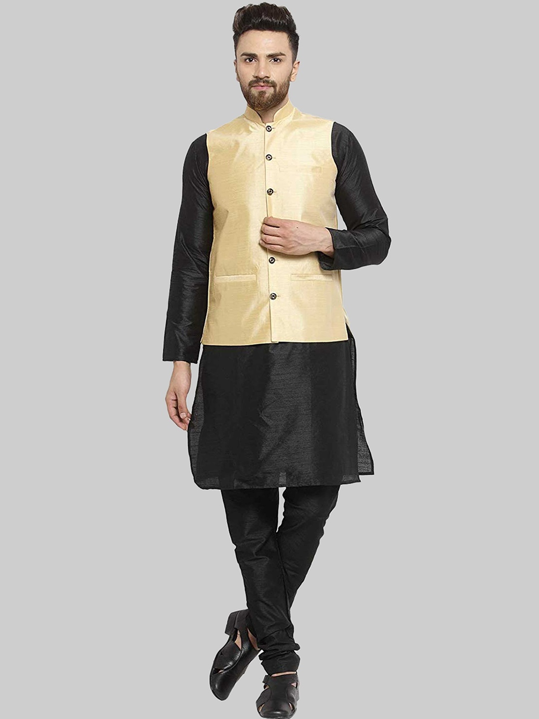 

ROYAL KURTA Mandarin Collar Pure Silk Kurta With Churidar And Nehru Jacket, Black