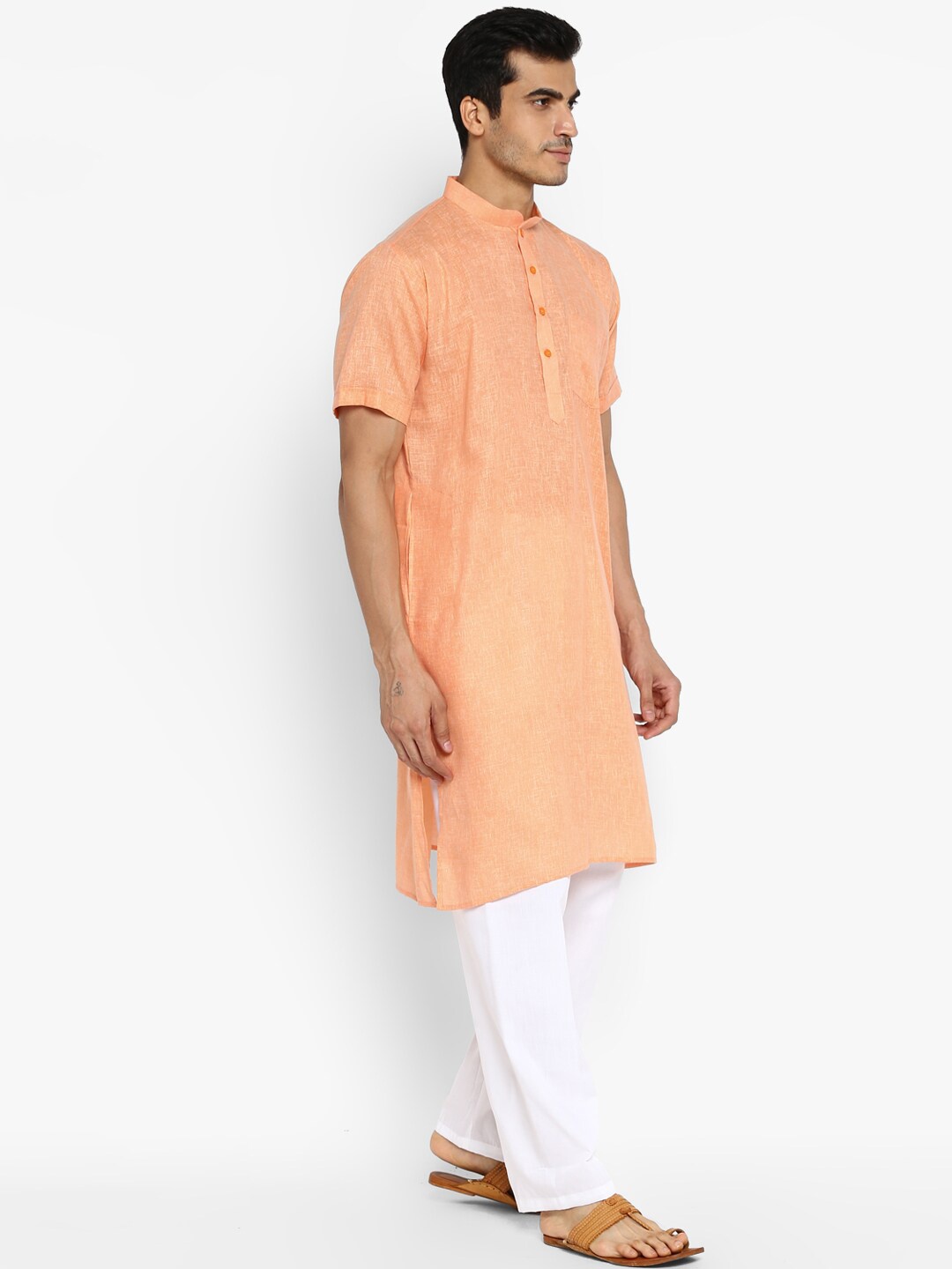 

ROYAL KURTA Self Designed Mandarin Collar Straight Kurta with Pyjamas, Orange