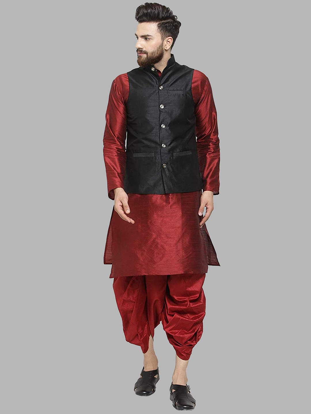 

ROYAL KURTA Mandarin Collar Straight Pure Silk Kurta & Dhoti Pants With Nehru Jacket, Maroon