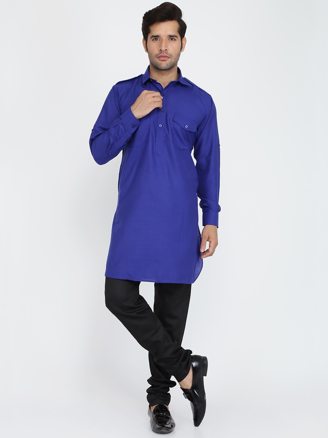 

ROYAL KURTA Shirt Collar Pure Cotton Pathani Kurta With Churidar, Blue