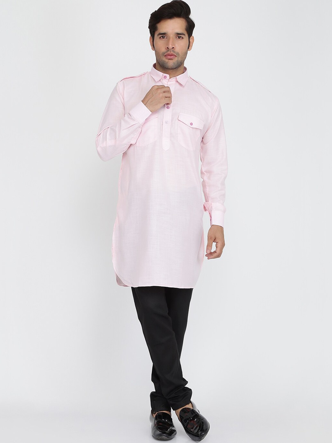 

ROYAL KURTA Shirt Collar Pathani Cotton Kurta, Pink