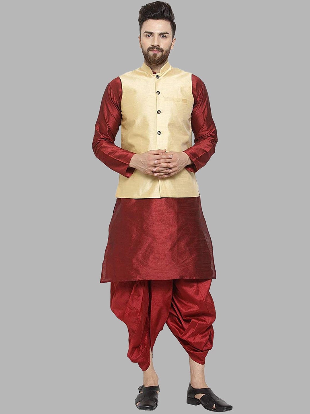 

ROYAL KURTA Mandarin Collar Straight Pure Silk Kurta & Dhoti Pants With Nehru Jacket, Maroon