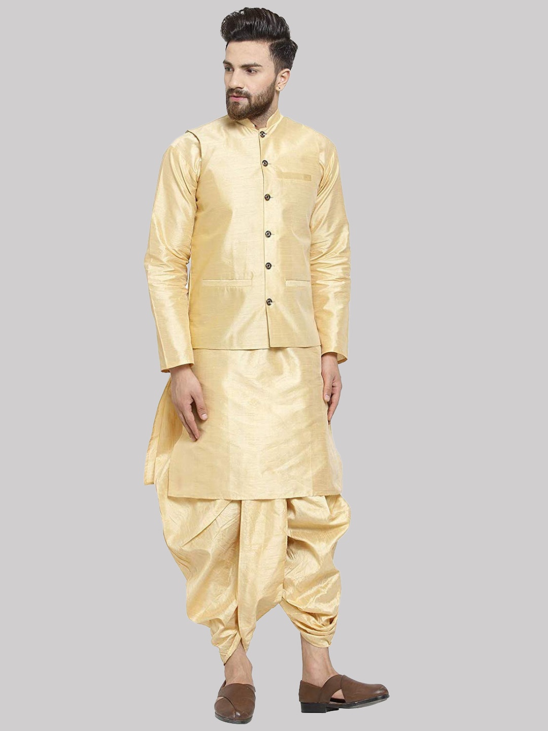 

ROYAL KURTA Mandarin Collar Straight Pure Silk Kurta & Dhoti Pants With Nehru Jacket, Gold