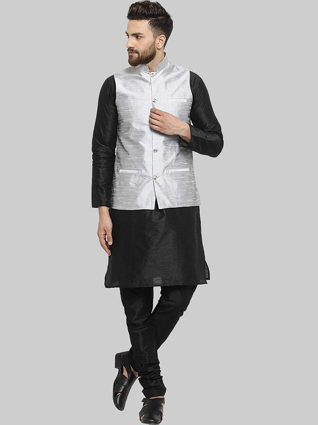 

ROYAL KURTA Mandarin Collar Straight Pure Silk Kurta & Churidar With Nehru Jacket, Black