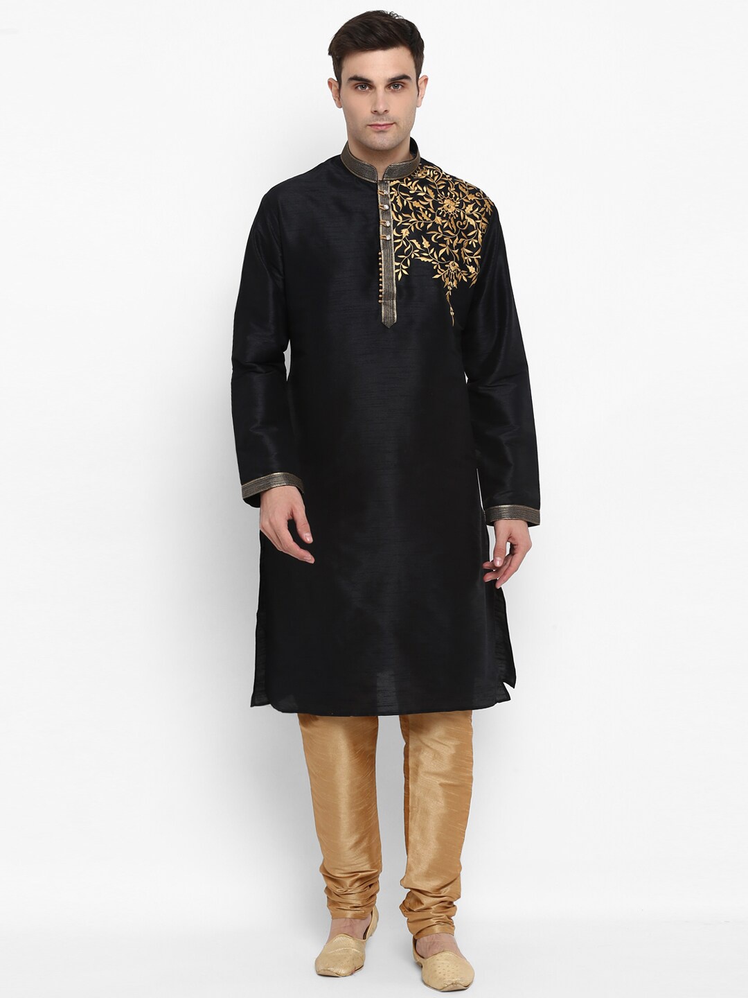 

ROYAL KURTA Floral Embroidered Dupion Silk Kurta with Churidar, Black