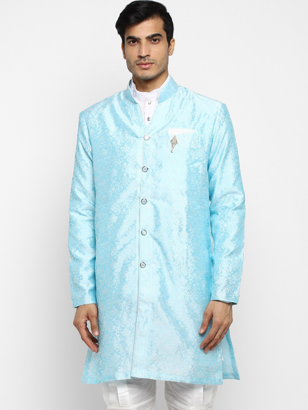 

ROYAL KURTA Ethnic Motifs Woven Design Mandarin Collar Regular Kurta, Turquoise blue