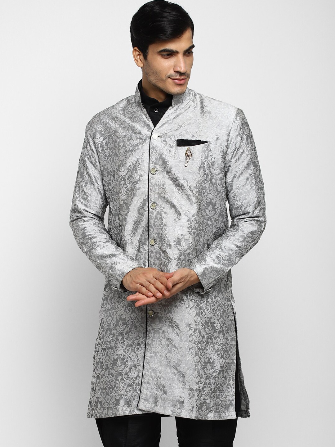 

ROYAL KURTA Ethnic Motifs Woven Design Mandarin Collar Regular Kurta, Silver