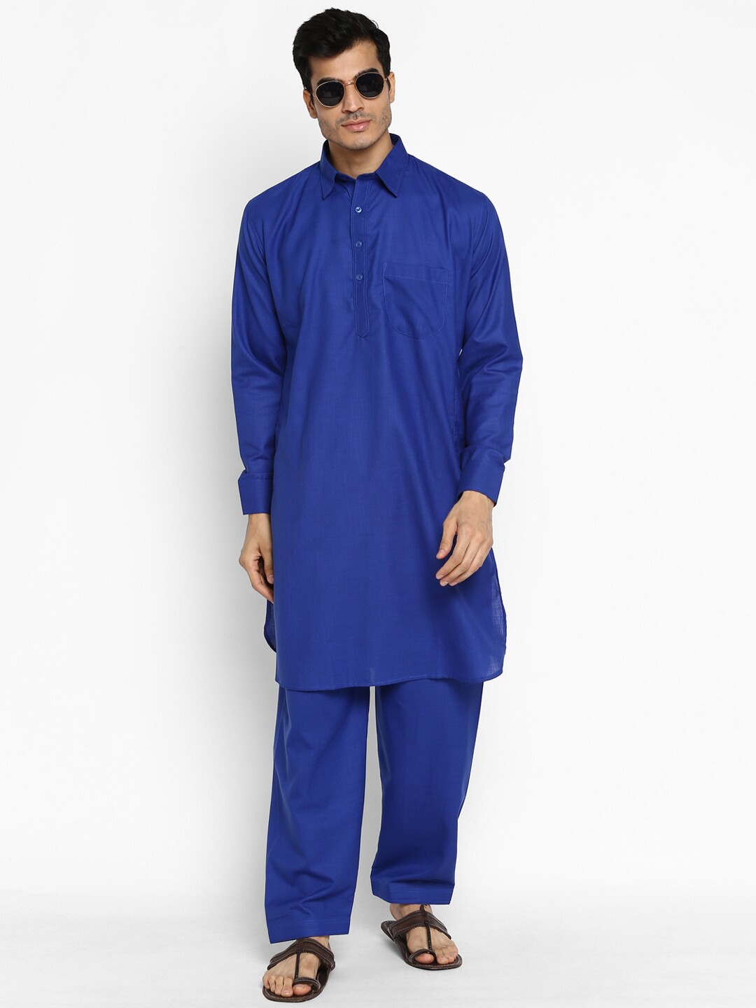 

ROYAL KURTA Shirt Collar Long Sleeves Pathani Kurta with Salwar, Blue