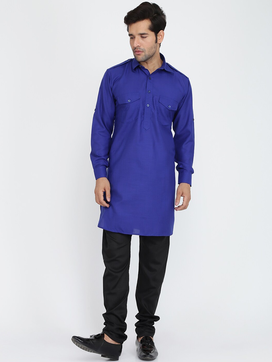 

ROYAL KURTA Shirt Collar Pathani Cotton Kurta, Blue