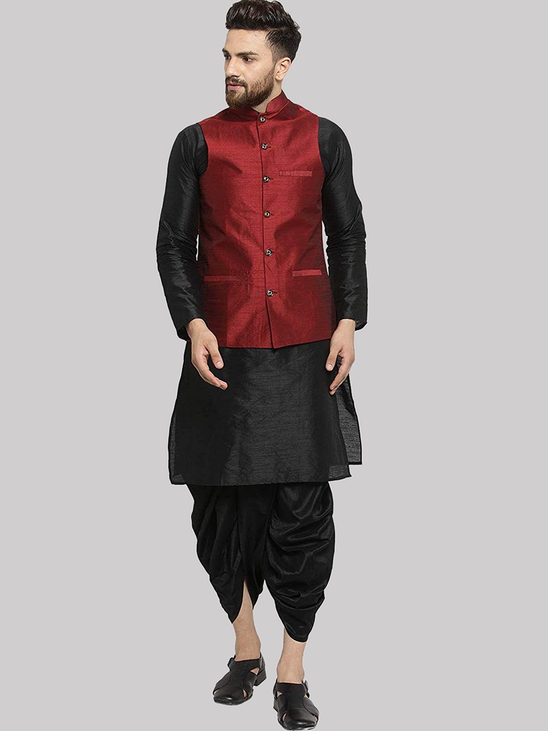 

ROYAL KURTA Mandarin Collar Straight Pure Silk Kurta & Dhoti Pants With Nehru Jacket, Black