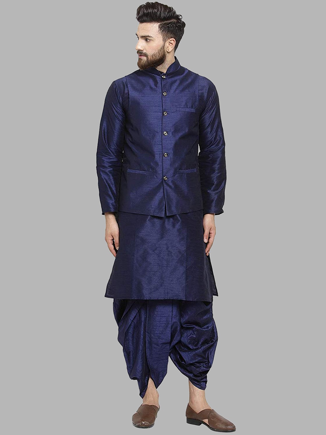 

ROYAL KURTA Mandarin Collar Straight Pure Silk Kurta & Dhoti Pants With Nehru Jacket, Navy blue