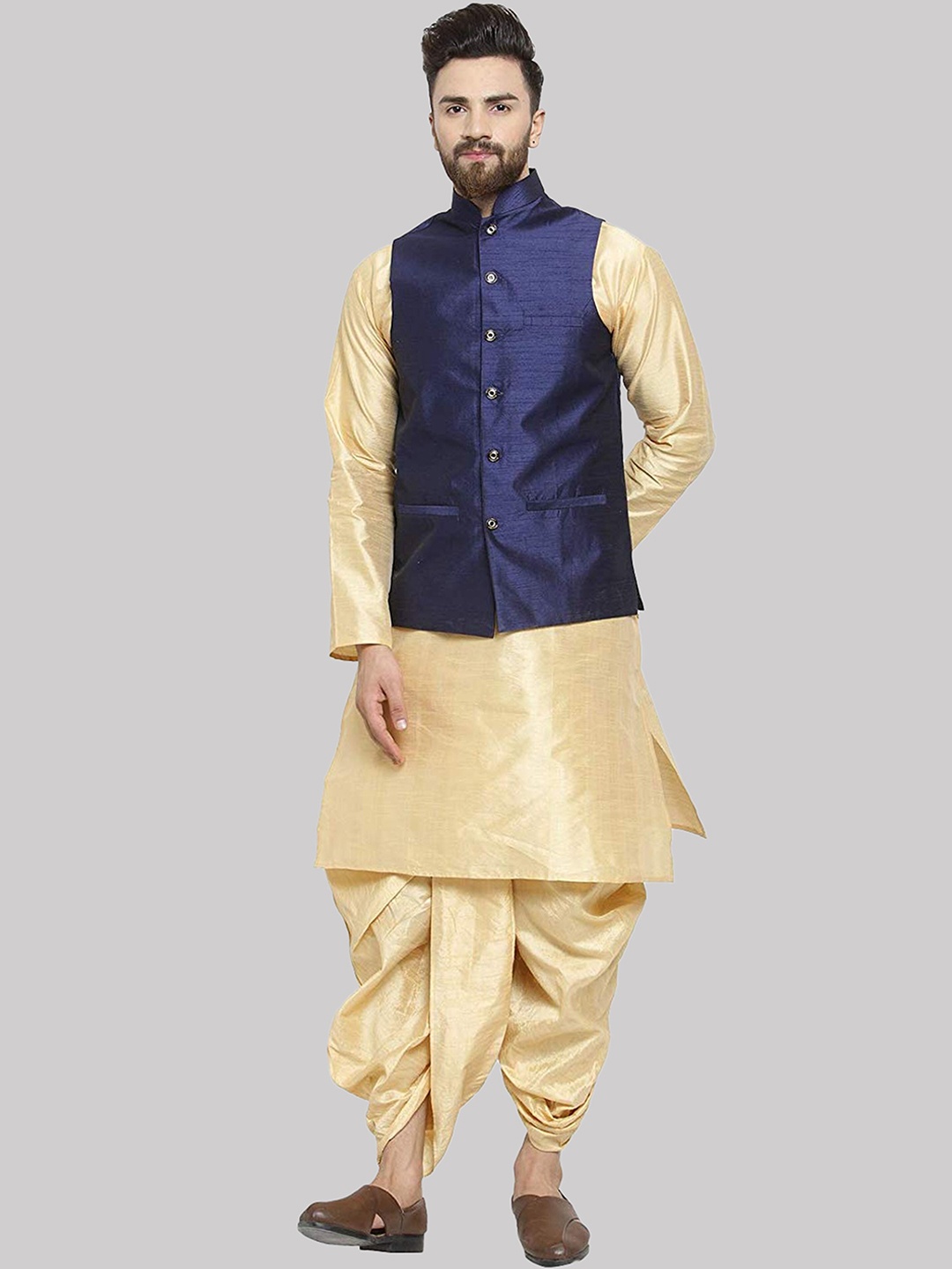 

ROYAL KURTA Mandarin Collar Straight Pure Silk Kurta & Dhoti Pants With Nehru Jacket, Gold