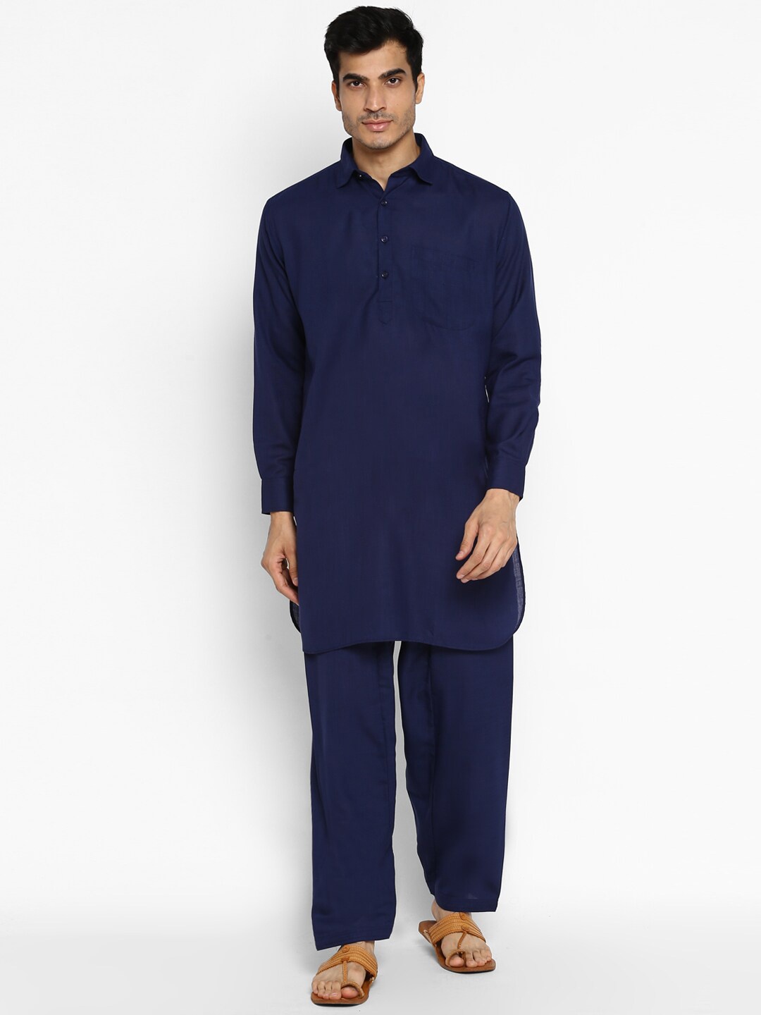 

ROYAL KURTA Shirt Collar Long Sleeves Pathani Kurta with Salwar, Navy blue