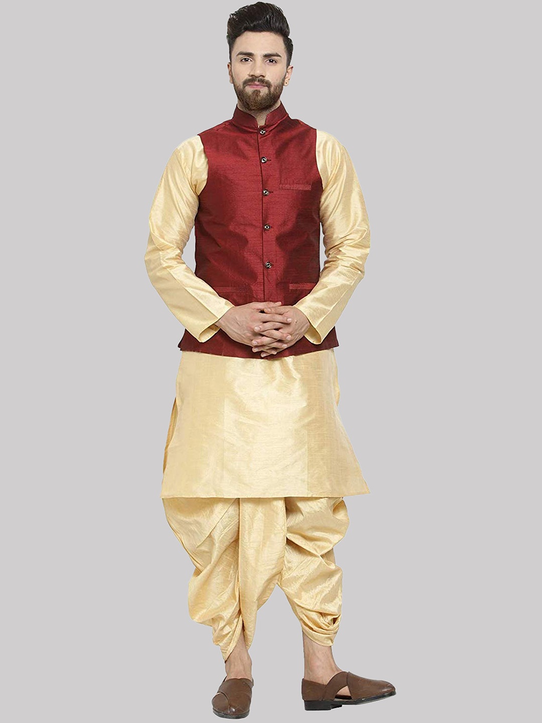 

ROYAL KURTA Pure Silk Kurta with Dhoti Pants With Nehru Jacket, Gold