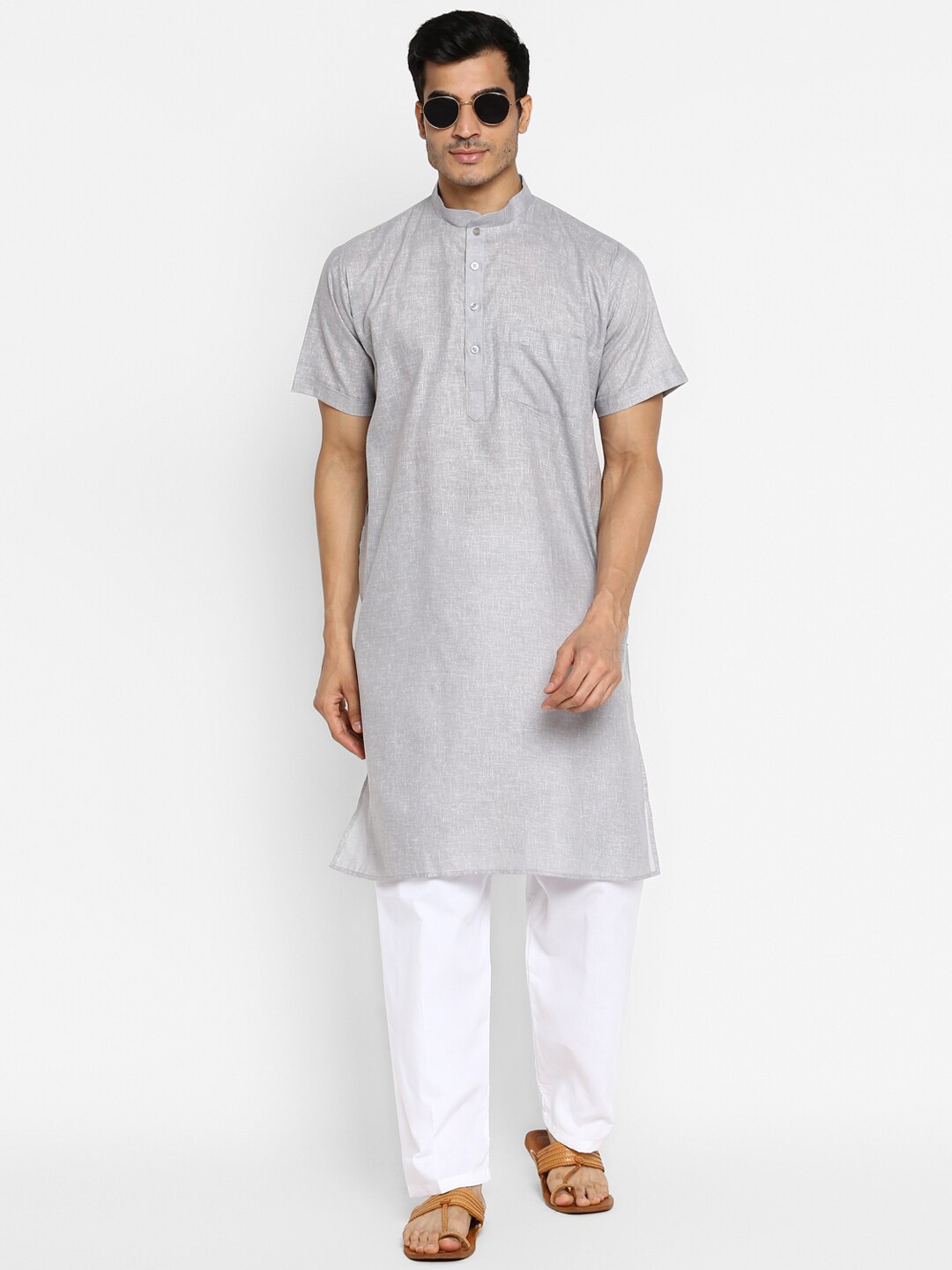 

ROYAL KURTA Band Collar Short sleeves Kurta with Pyjamas, Grey