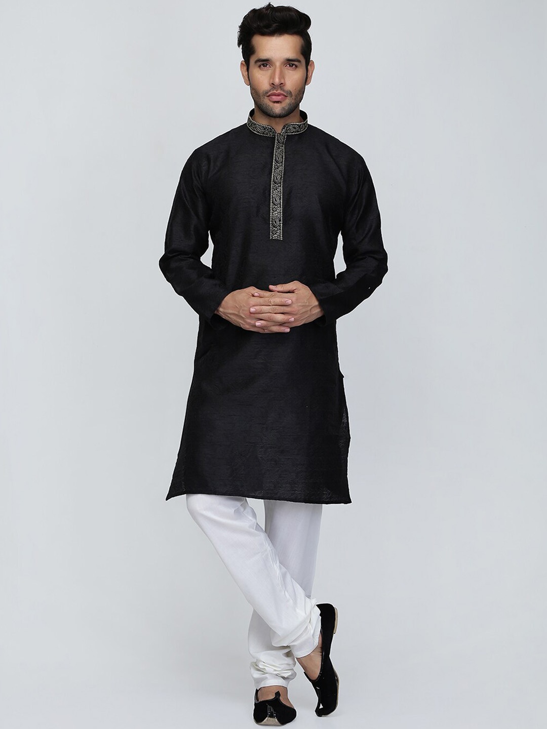 

ROYAL KURTA Ethnic Motifs Embroidered Dupion Silk Kurta with Churidar, Black