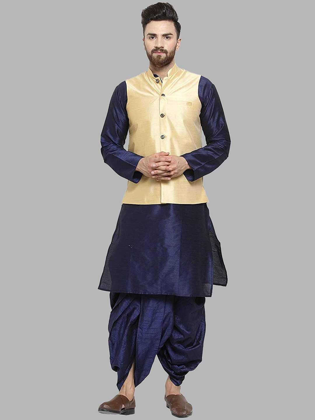 

ROYAL KURTA Pure Silk Kurta with Dhoti Pants With Nehru Jacket, Navy blue