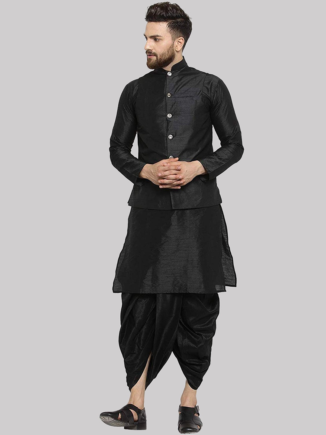 

ROYAL KURTA Pure Silk Kurta with Dhoti Pants With Nehru Jacket, Black