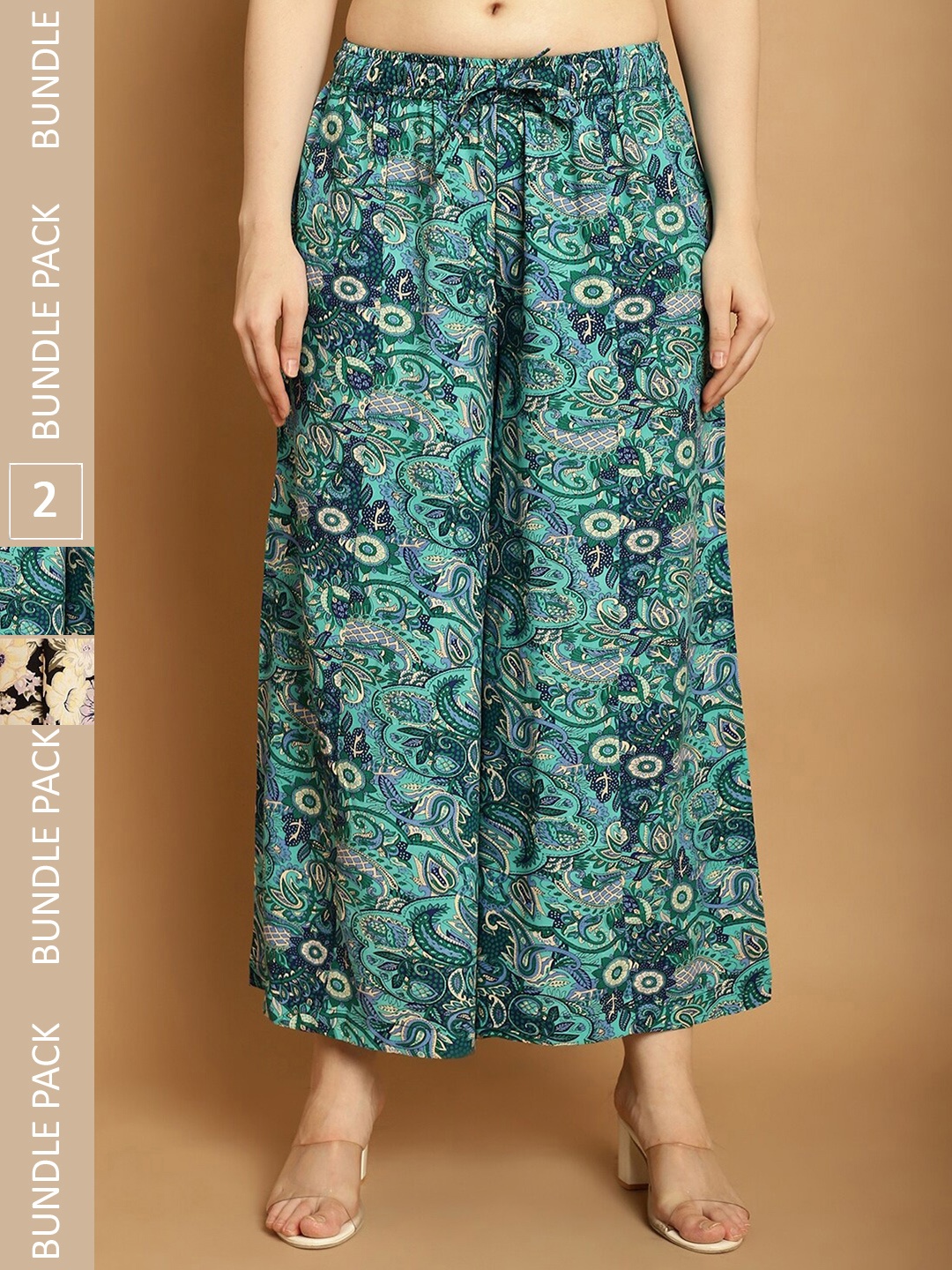 

GRACIT Pack Of 2 Abstract Printed Flared Knitted Palazzos, Blue