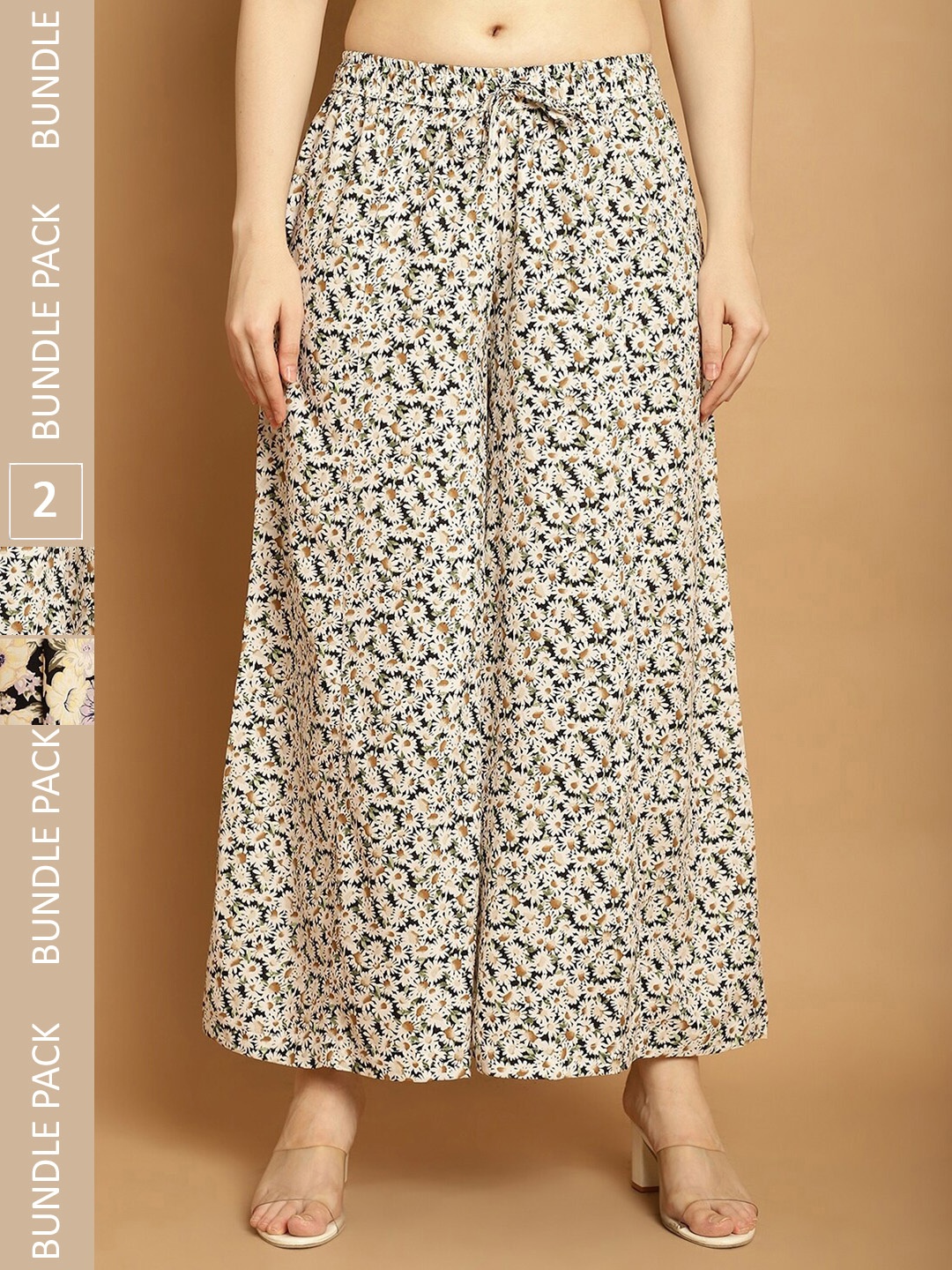 

GRACIT Pack Of 2 Floral Printed Flared Knitted Palazzos, White