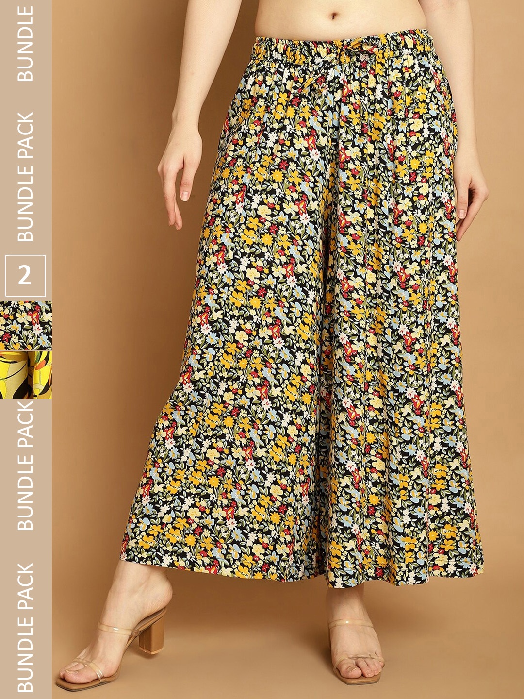

GRACIT Pack Of 2 Floral Printed Flared Knitted Palazzos, Black
