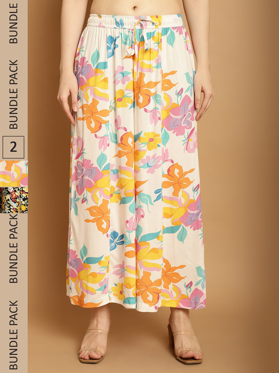 

GRACIT Pack Of 2 Floral Printed Flared Knitted Palazzos, White