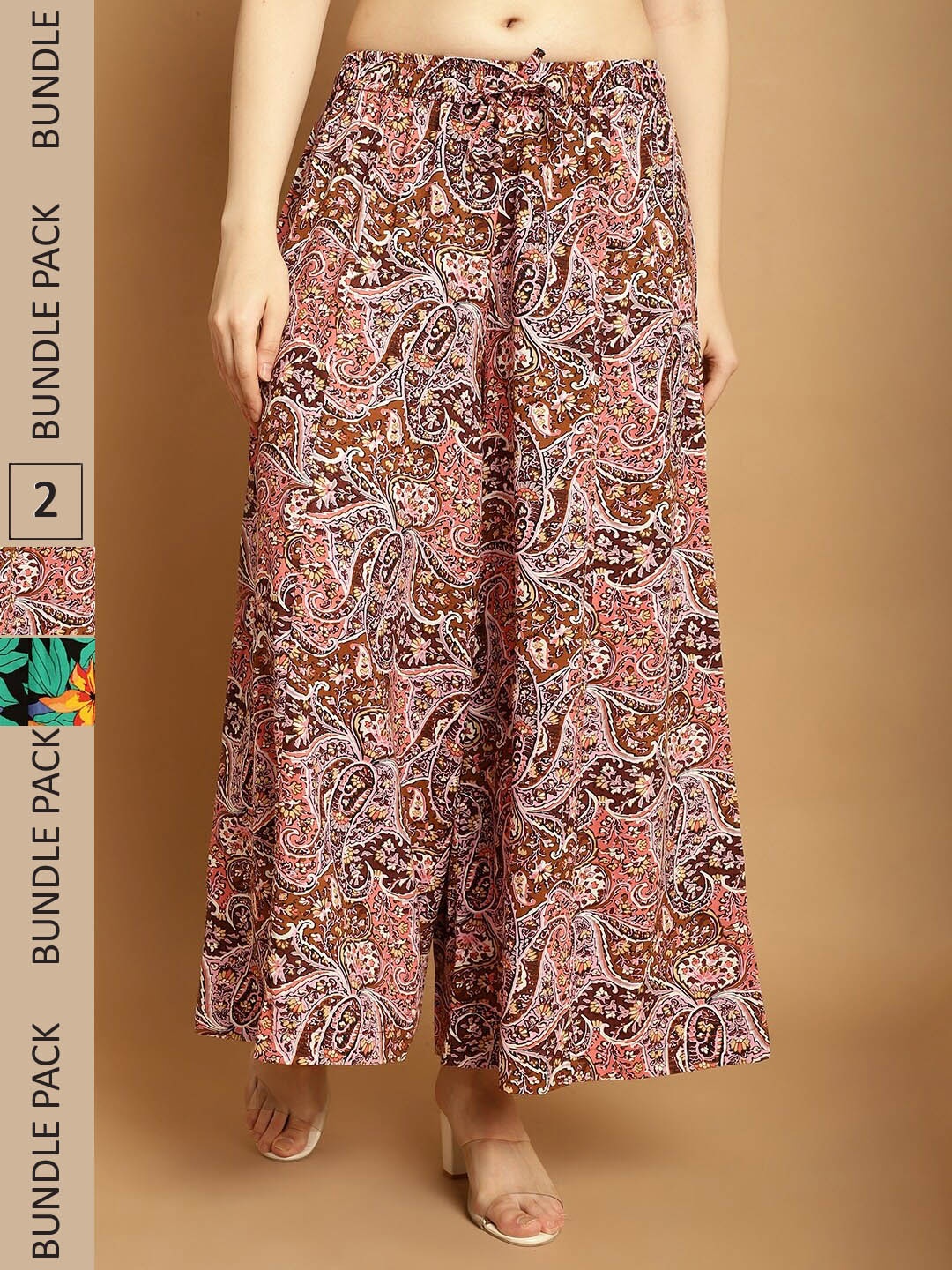 

GRACIT Pack Of 2 Floral Printed Flared Knitted Palazzos, Peach
