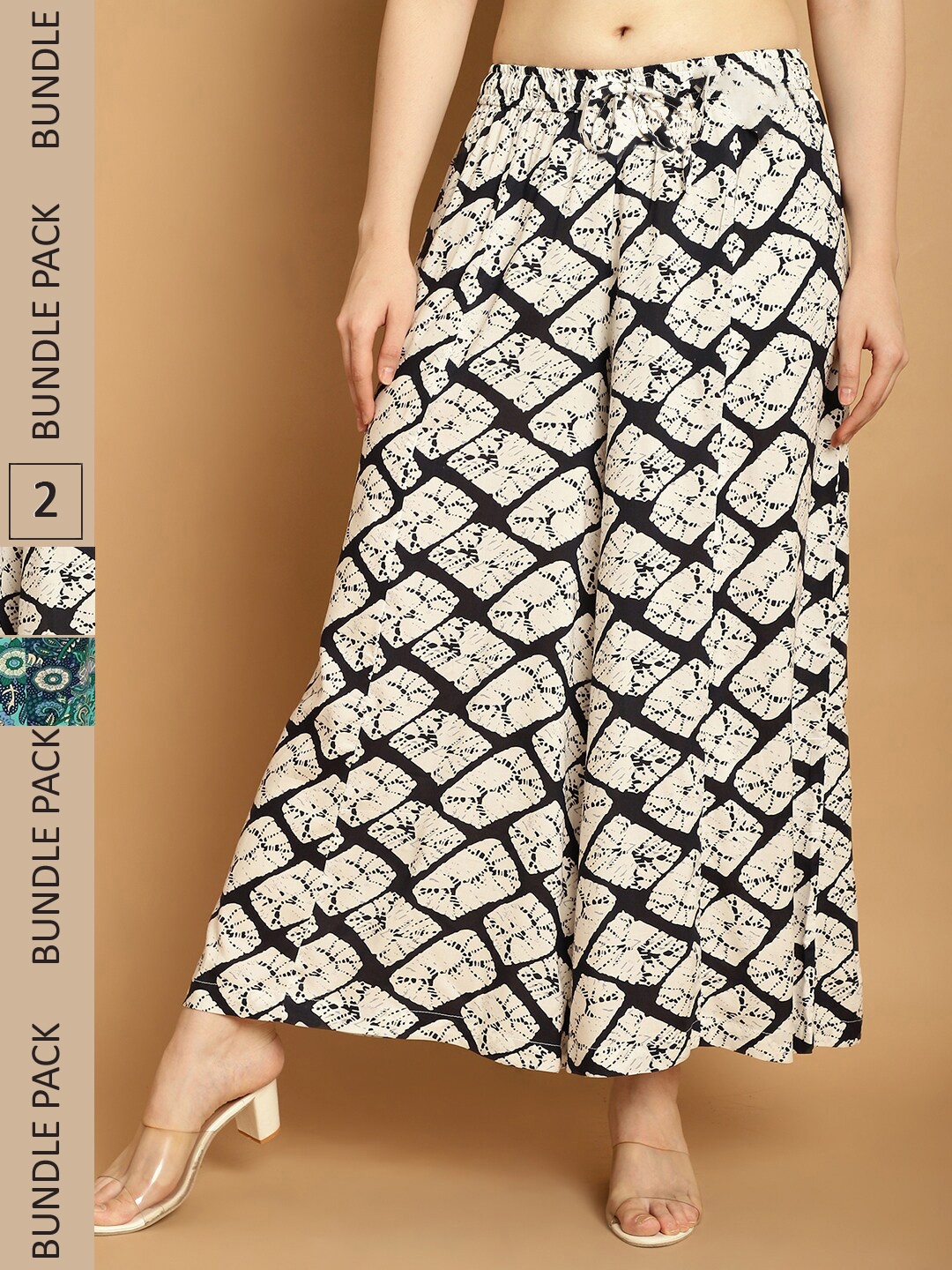 

GRACIT Pack Of 2 Floral Printed Flared Knitted Palazzos, Cream