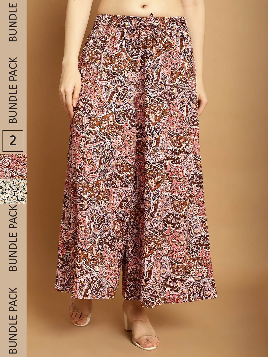 

GRACIT Pack Of 2 Floral Printed Flared Knitted Palazzos, Pink