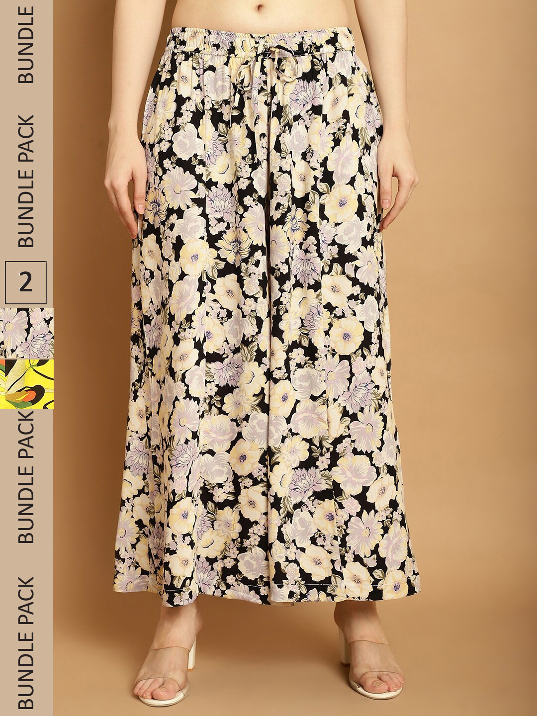 

GRACIT Women Pack Of 2 Floral Printed Flared Fit Palazzos, Yellow