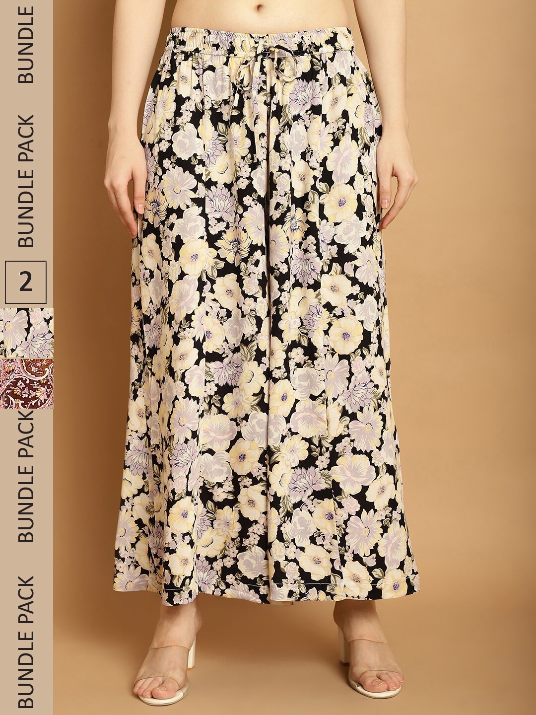 

GRACIT Women Pack Of 2 Floral Printed Flared Fit Palazzos, Brown