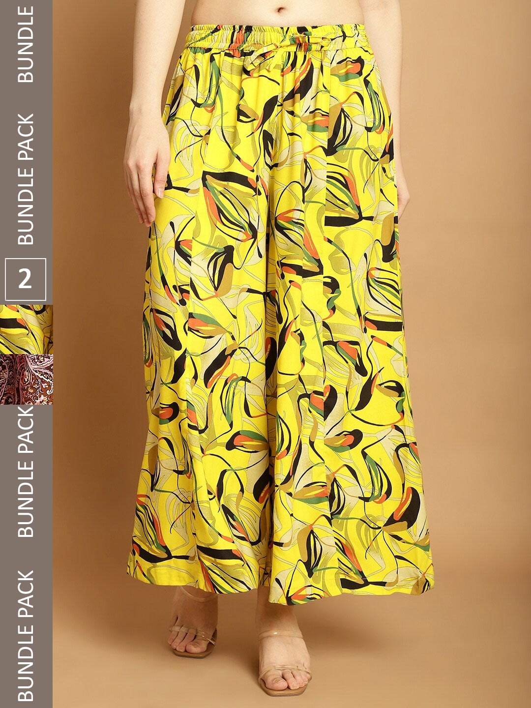 

GRACIT Pack Of 2 Floral Printed Flared Knitted Palazzo, Yellow