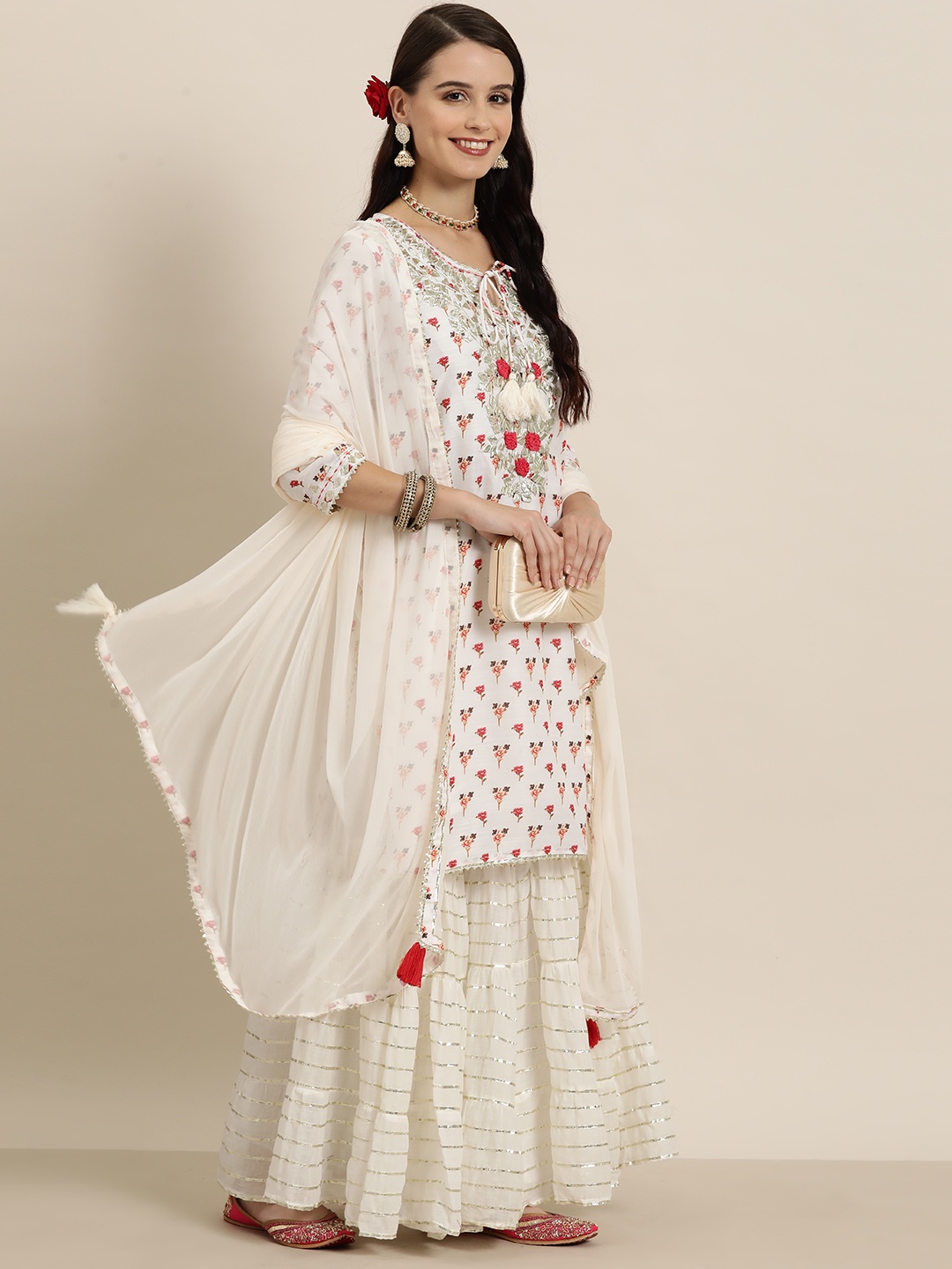 

HERE&NOW Women Floral Printed Regular Gotta Patti Kurta with Sharara & Dupatta, White