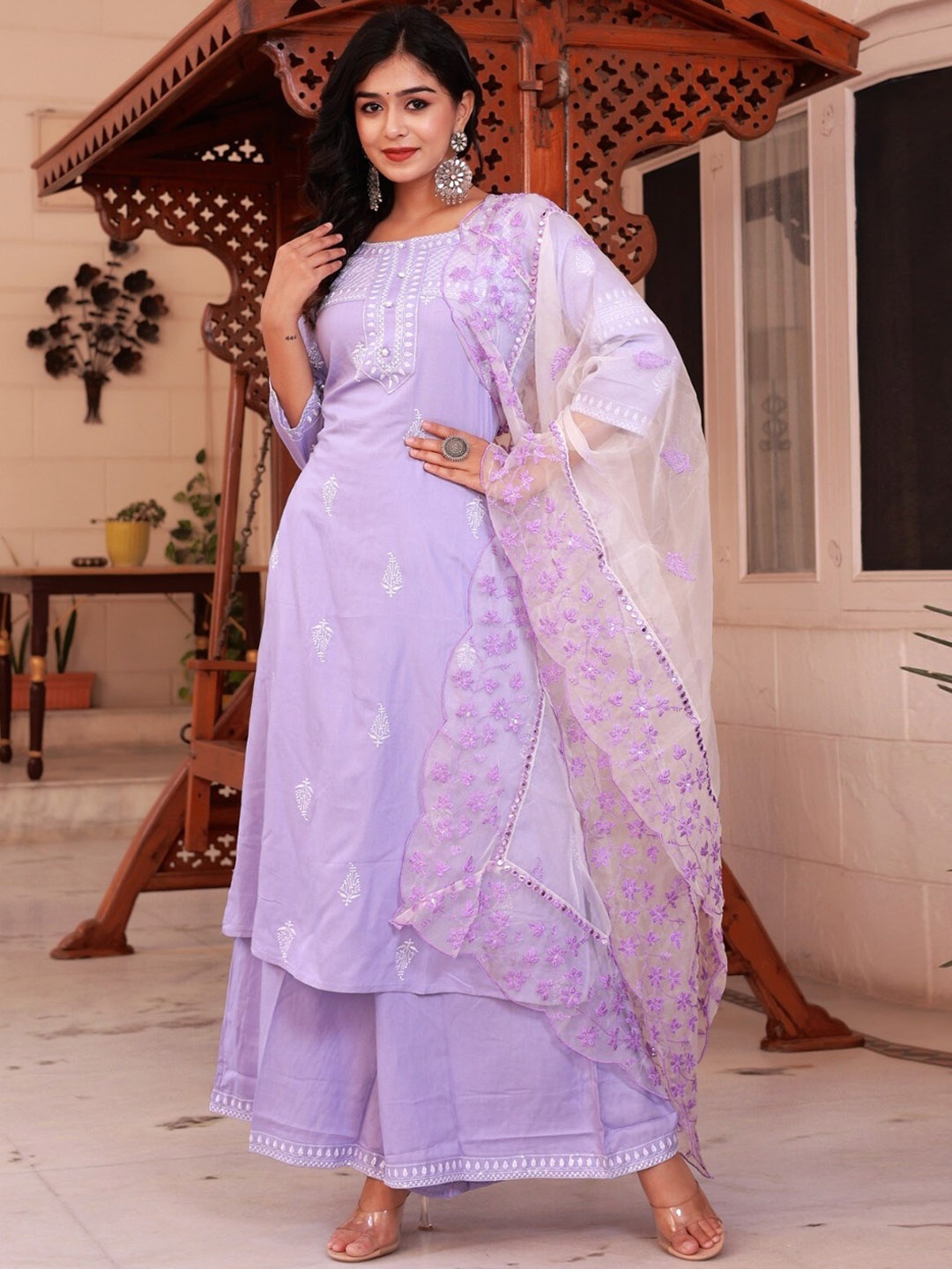 

Sangria Ethnic Motifs Embroidered Pure Cotton Straight Kurta With Palazzo & Dupatta, Lavender